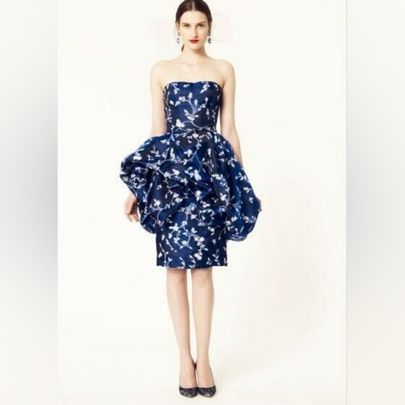 $4,800 OSCAR DE LA RENTA COUTURE STUNNING BLUE WHT FLORAL RUNWAY DRESS US XS 0 - Picture 2 of 14